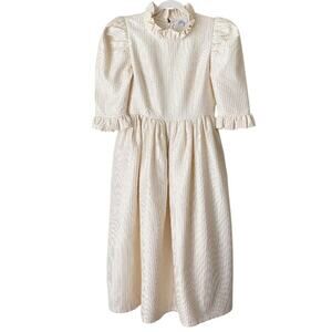 Kemi Telford | Gold Striped Midi Dress Puff Sleeves Event Party Cream Small